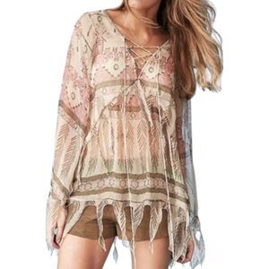 Kate Moss Topshop NWT Feather Aztec Print Fringe Fairycore Flowy‎ Blouse Sz 8